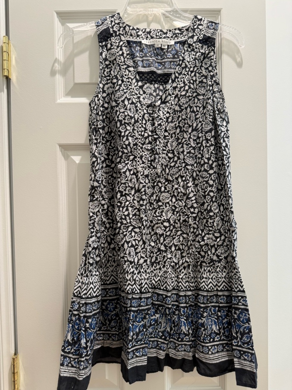 Veronica Beard Navy and White Floral Border-Print Sleeveless Dress